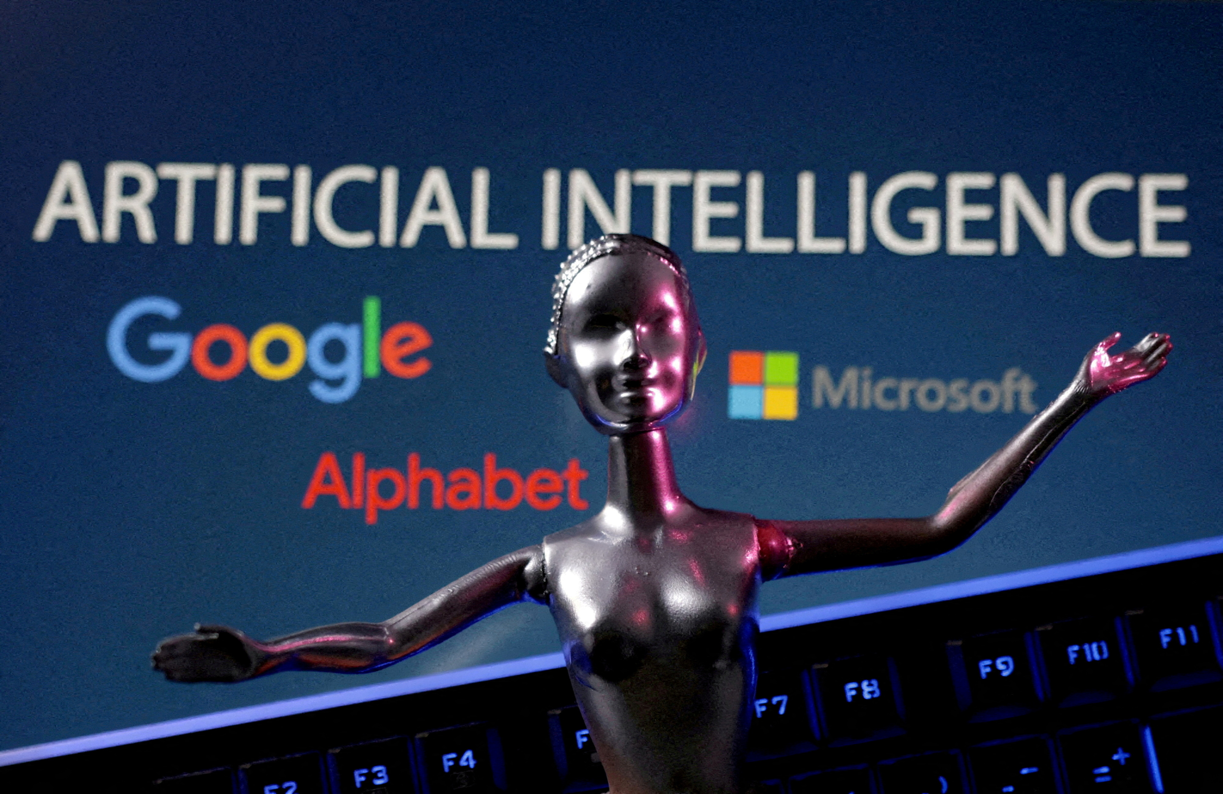 Illustration shows Google, Microsoft and Alphabet logos and AI Artificial Intelligence words