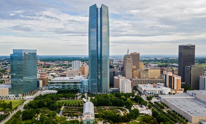 Aerial drone photo. Looking north at downtown with BOK Park Building and Devon Energy Tower and Myriad Botanical Gardens in foreground. Photo by David Morris, The Oklahoman