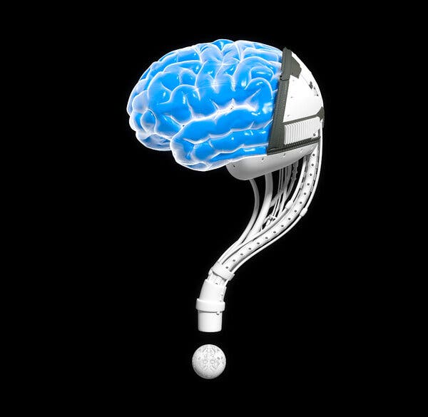 An illustration of a blue brain connected to computer cables that form a question mark.