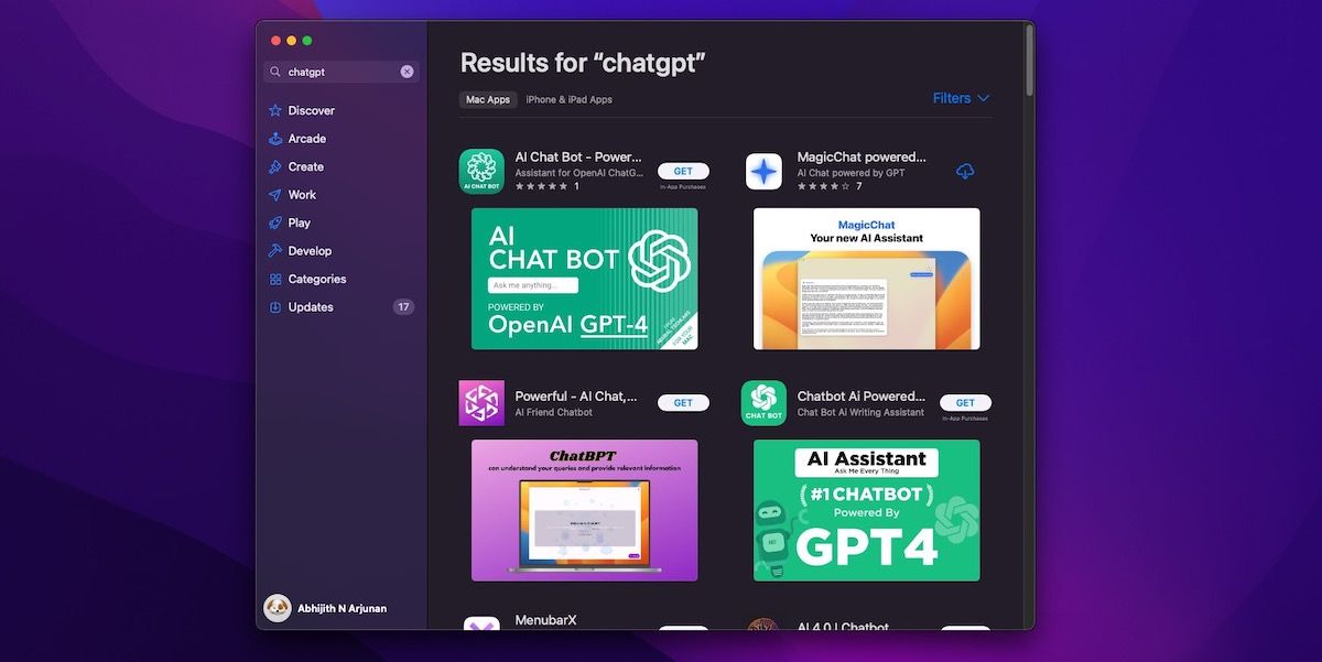 ChatGPT results on Mac App Store