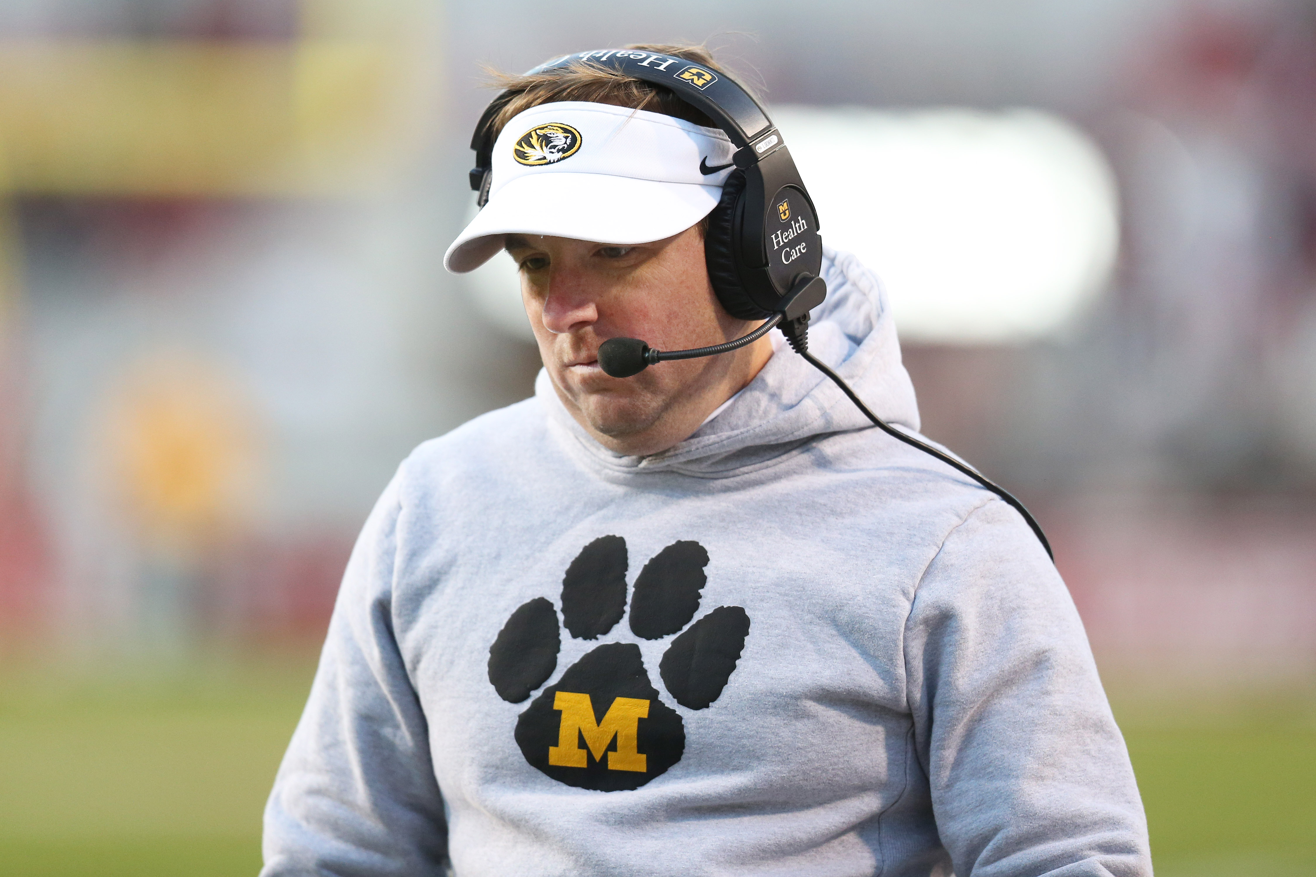 Nov 26, 2021; Fayetteville, Arkansas; Missouri Tigers head coach Eli Drinkwitz during the second half against the Arkansas Razorbacks at Donald W. Reynolds Razorbacks Stadium. Arkansas won 34-17. Nelson Chenault-USA TODAY Sports