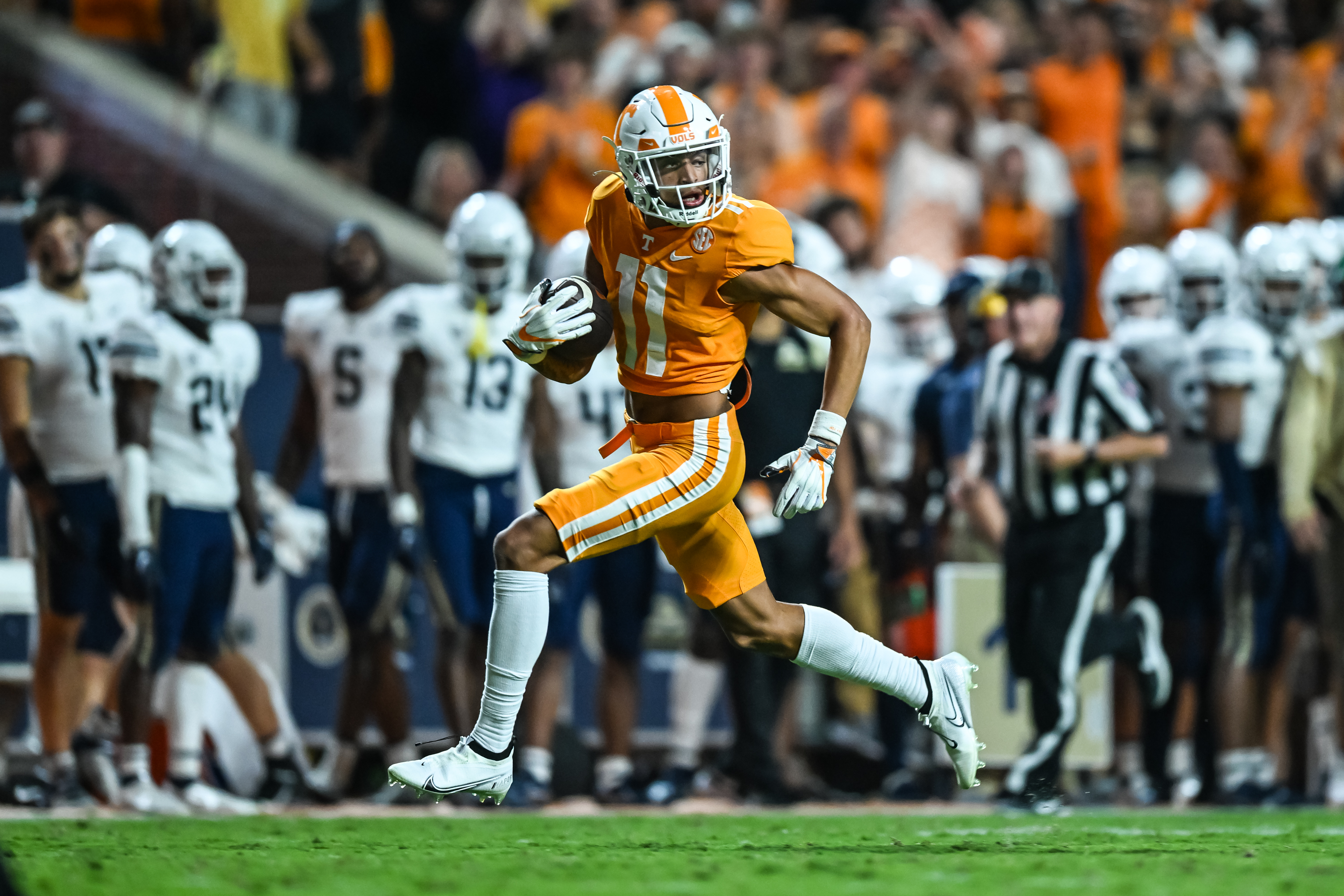 Sep 17, 2022; Knoxville, Tennessee; Tennessee Volunteers wide receiver Jalin Hyatt (11) runs down the field for a touchdown during the first half against the Akron Zips at Neyland Stadium. Bryan Lynn-USA TODAY Sports